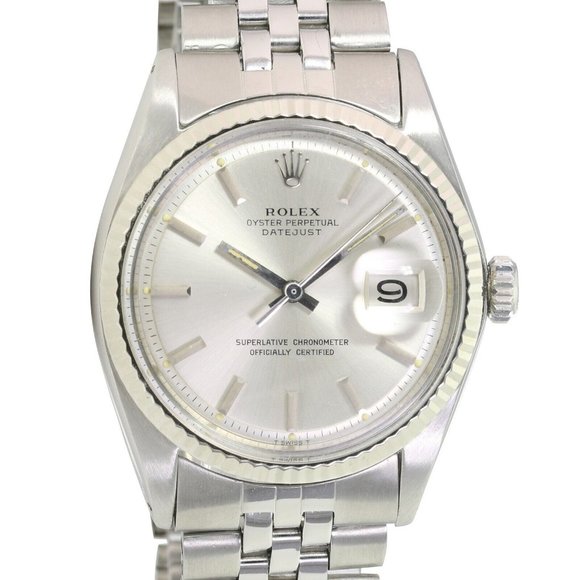 ROLEX DATEJUST SILVER INDEX DIAL 18K WHITE GOLD FLUTED STEEL JUBILEE WATCH 1601 - Picture 1 of 7